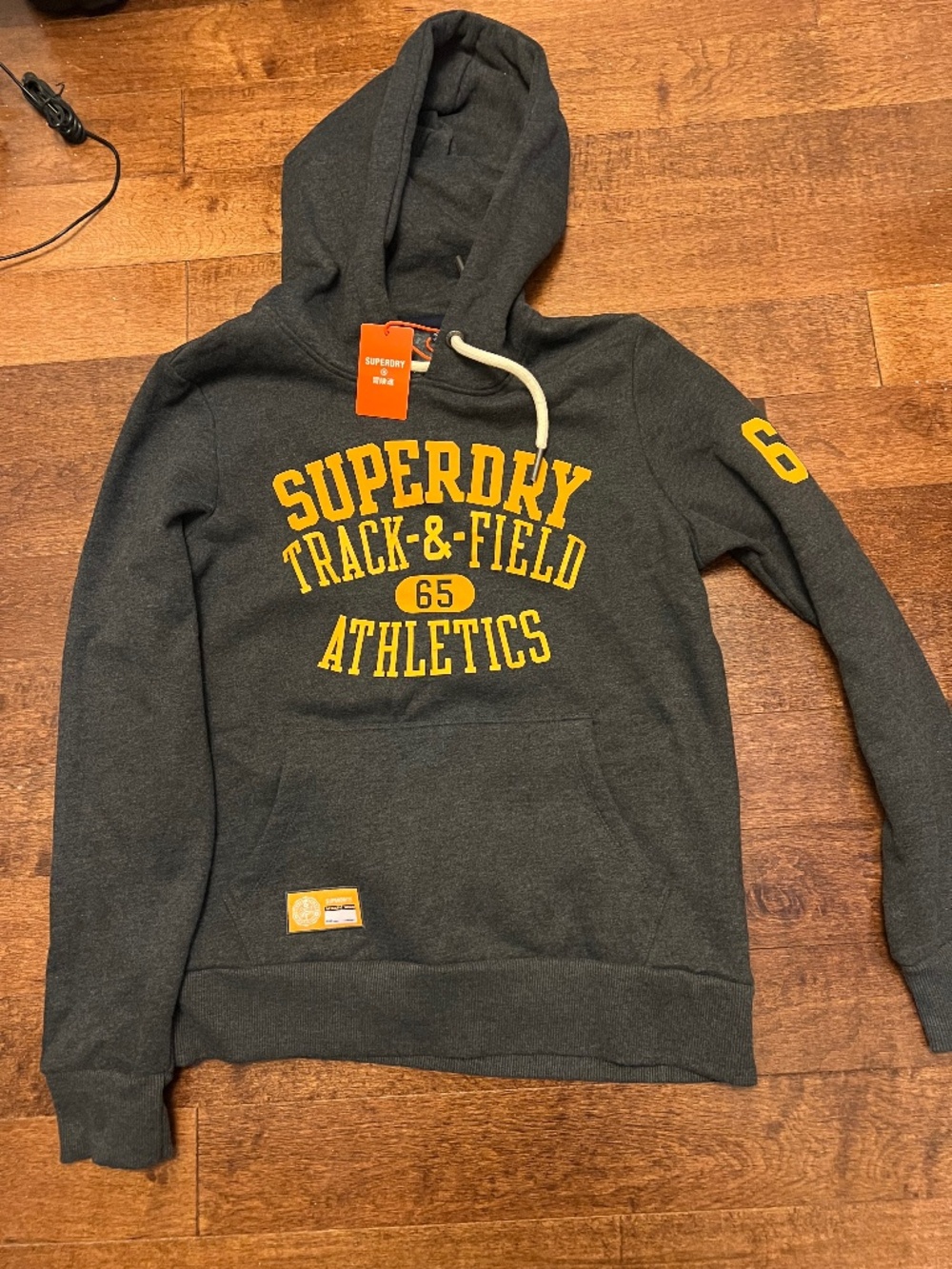 Superdry Charcoal Gray Hooded Sweatshirt with Yellow Logo
